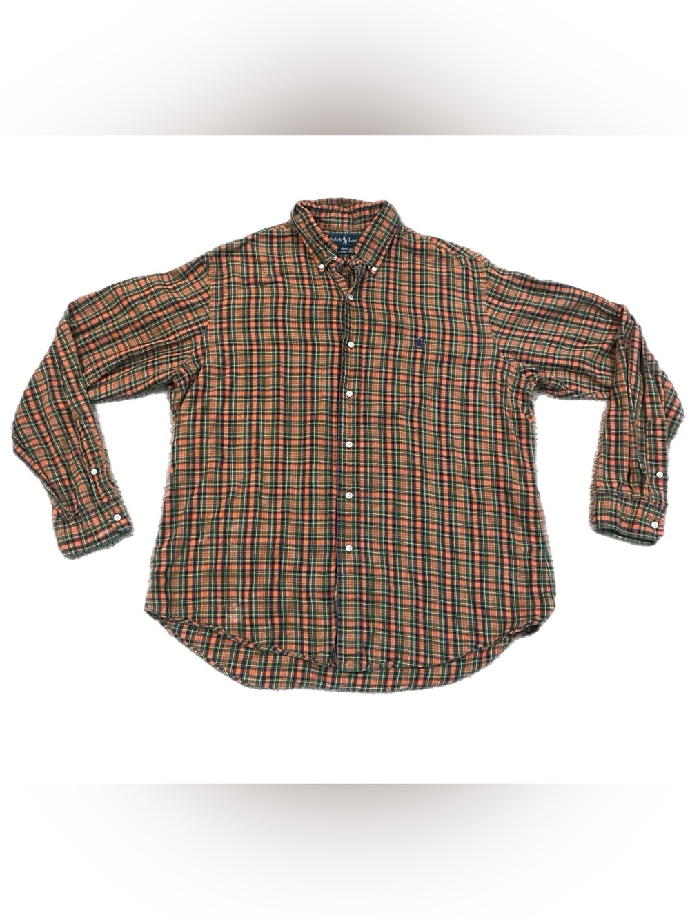 Ralph Lauren Tartan Plaid Shirt Cotton Cashmere Orange Green Long Sleeve XL